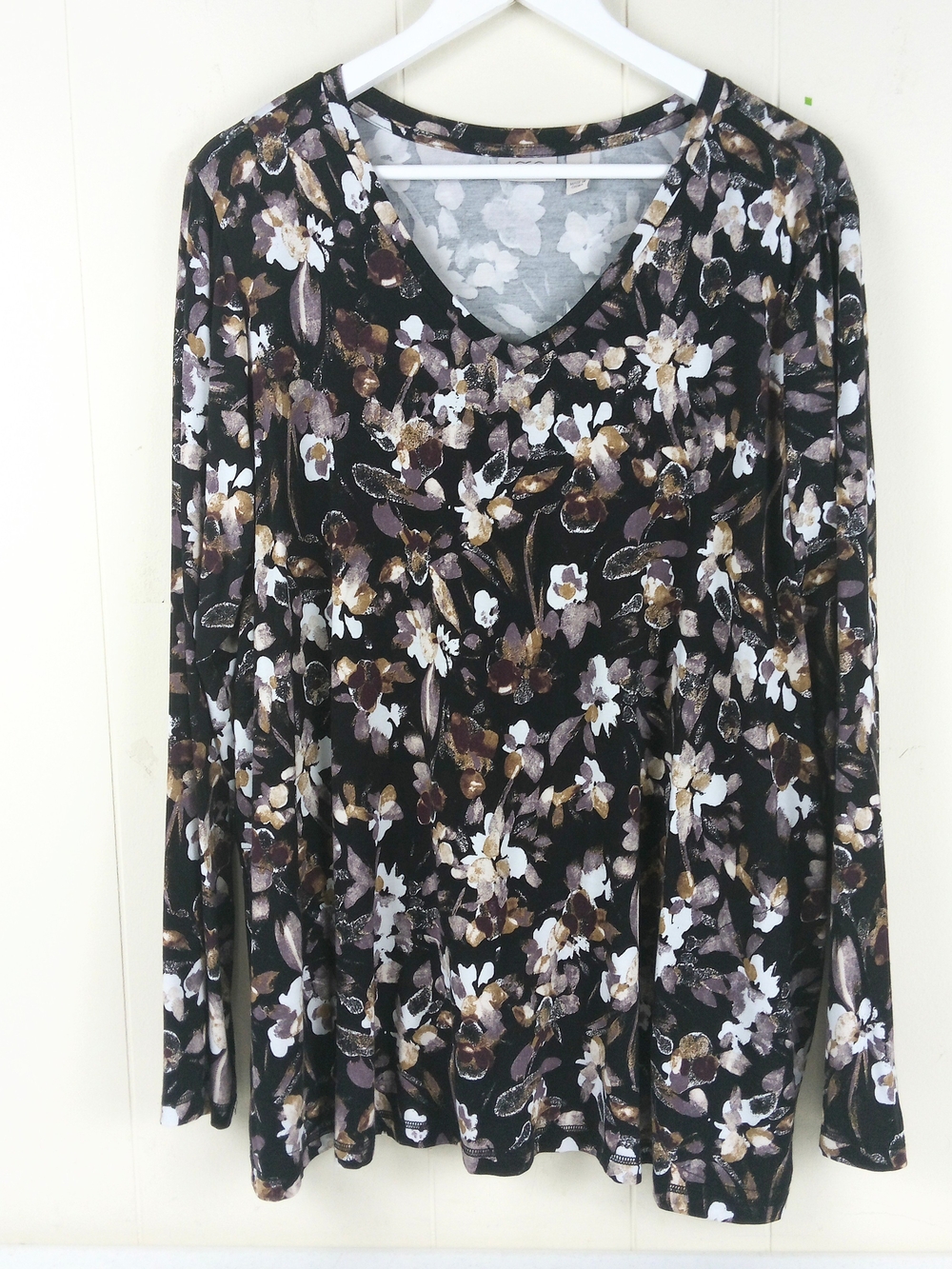 LOGO by Lori Goldstein Women’s Floral V-Neck Long Sleeve Top Black/Multi Size XL